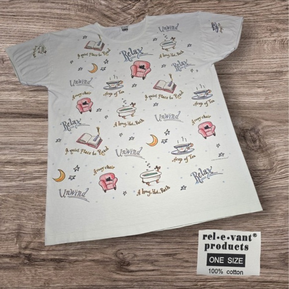 VTG Relevant Products Nightshirt Womens Vintage 90s Relax Unwind Print White‎ OS